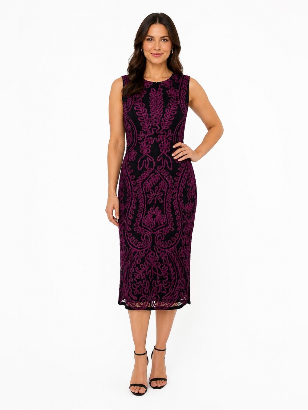 JS Collections Embroidered Sheath Dress Size 10 Black & Magenta Special Occasion